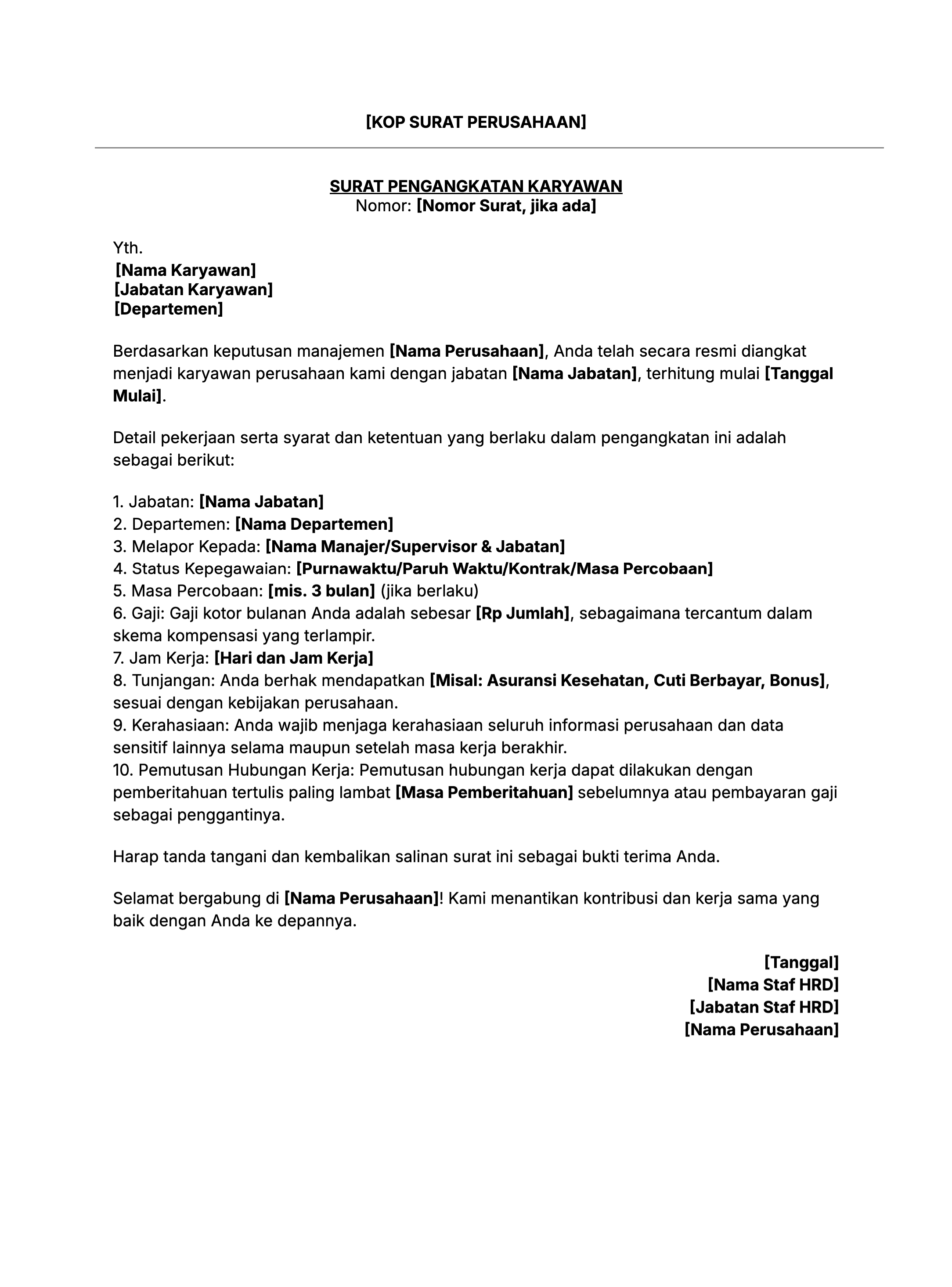 Contoh isi surat pengangkatan karyawan