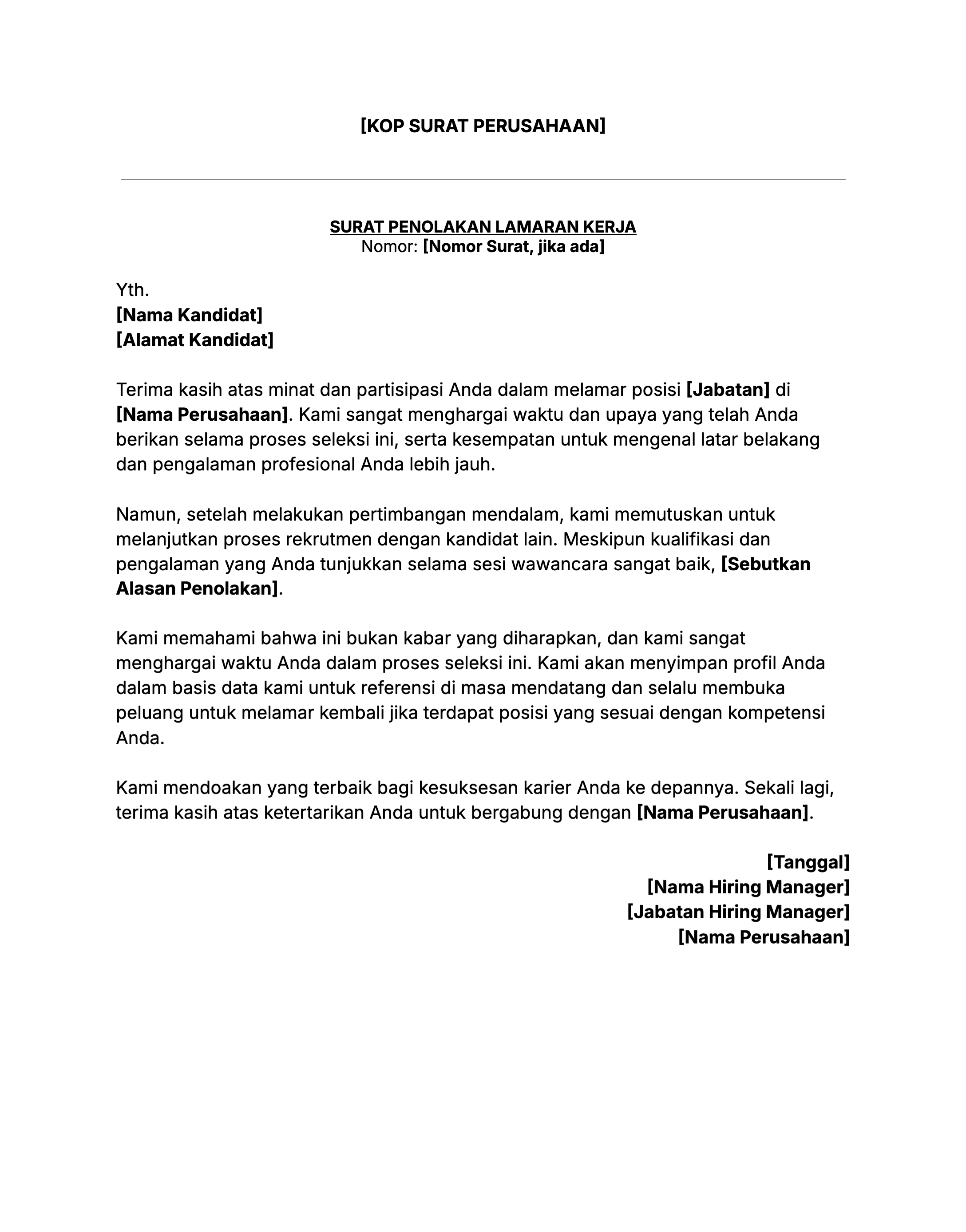 Contoh isi surat penolakan lamaran kerja