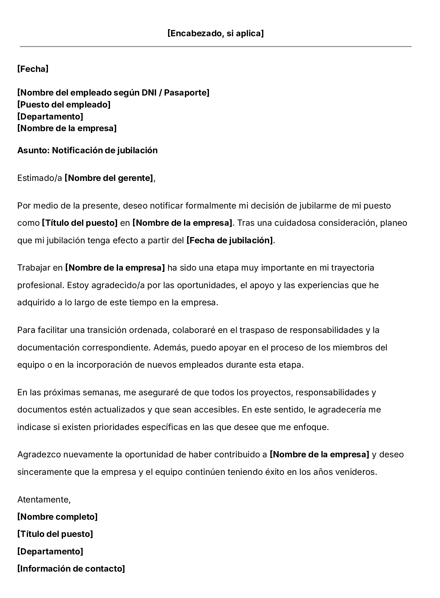 Plantilla de carta de jubilación