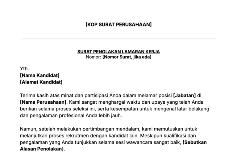 Contoh surat penolakan lamaran kerja