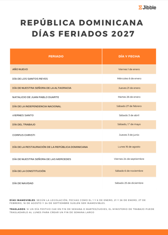 DÍAS FERIADOS República Dominicana 2027