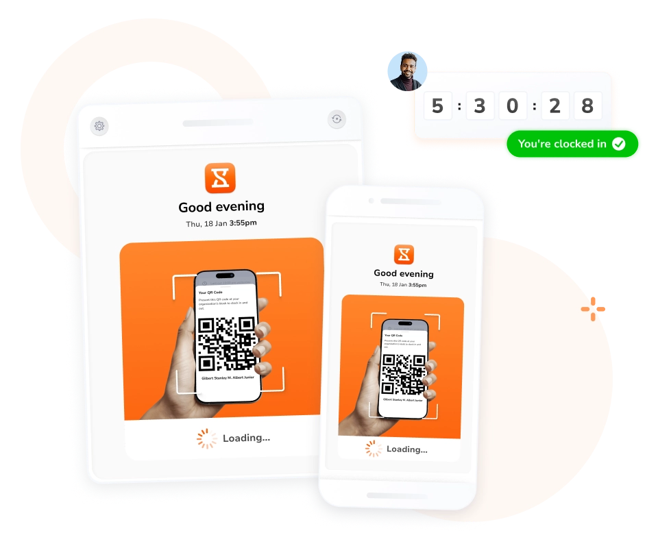 Scanning QR code on shared kiosk to clock in and out