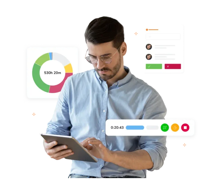 Homme utilisant une application de gestion du temps sur tablette