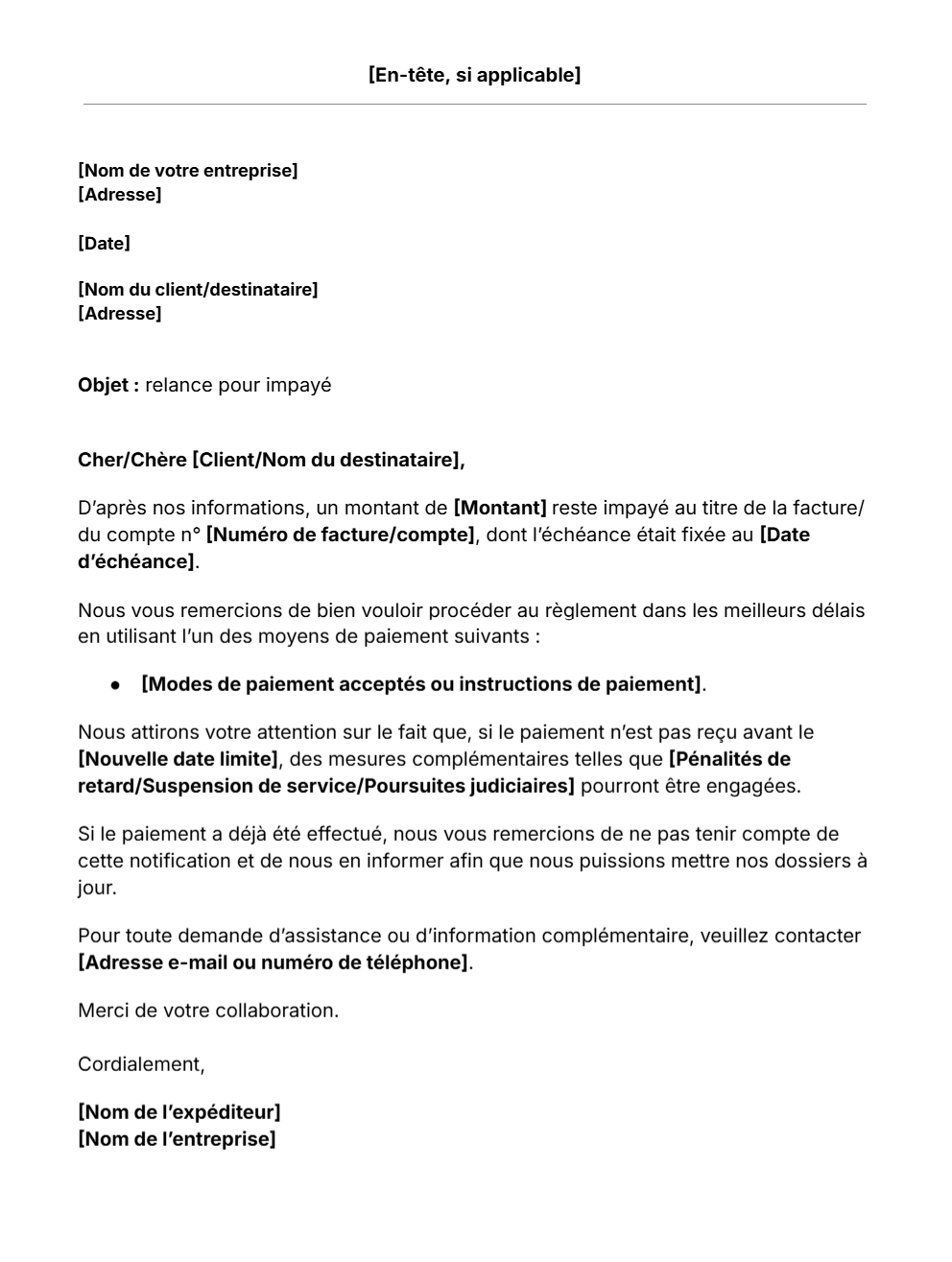 Modèle de lettre de recouvrement