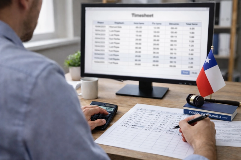 Worker reviewing employee timesheets with calculator and printed attendance records at an office desk, with a computer monitor in the background and Chilean labor law references.
