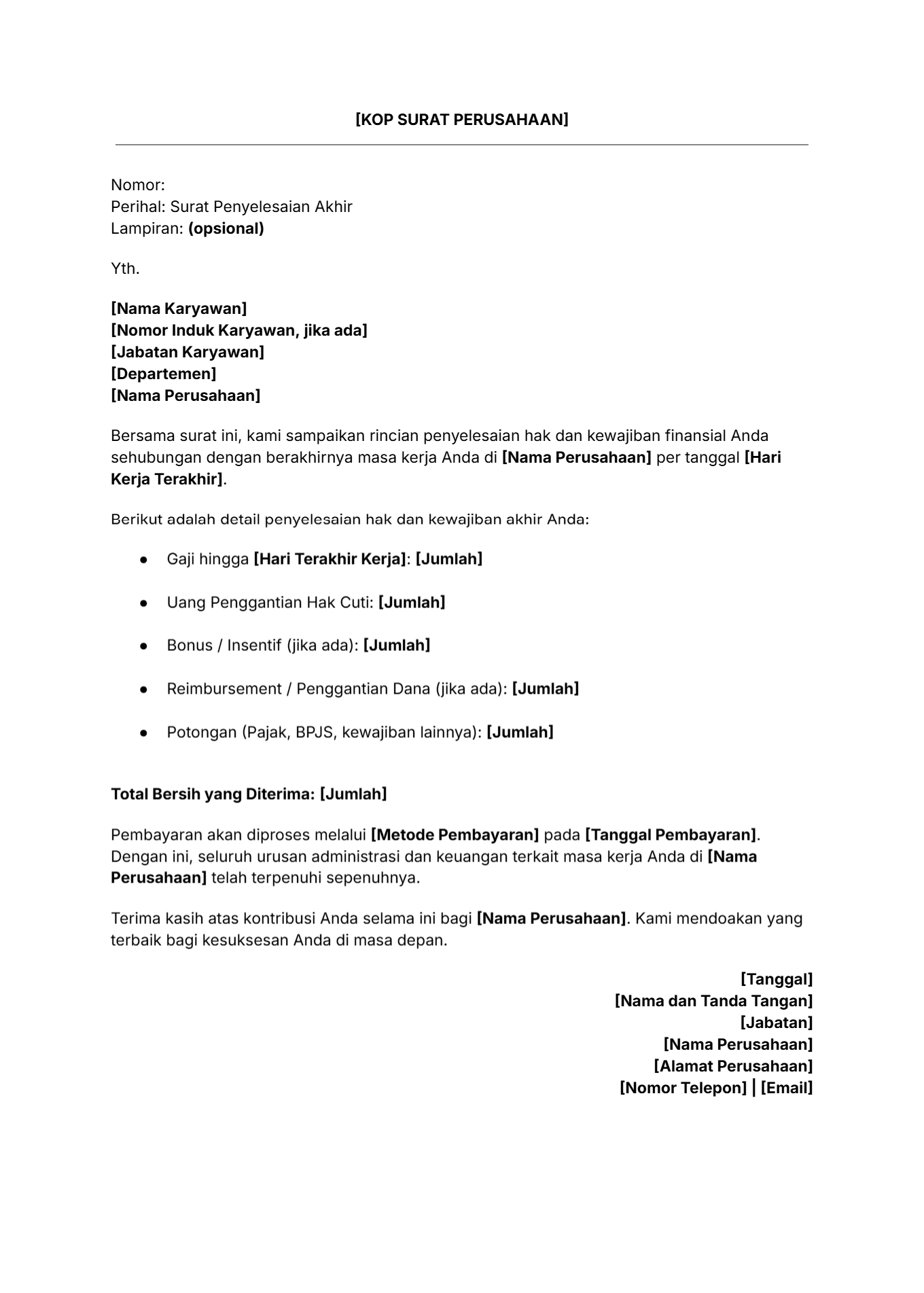 Contoh surat penyelesaian hak karyawan, full and final settlement