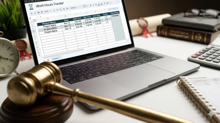 Laptop showing a work hours tracker spreadsheet next to a judge’s gavel, calculator, and paper timesheet on a desk.