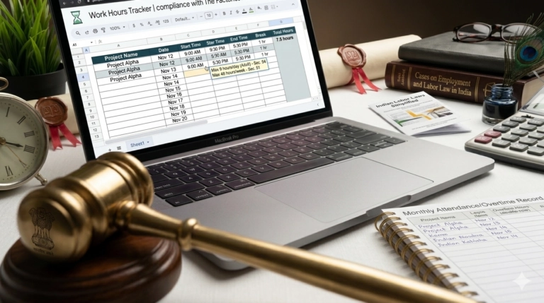 Laptop displaying a work hours tracker spreadsheet next to a judge’s gavel, calculator, and paper attendance record, representing work hours compliance and labor law.