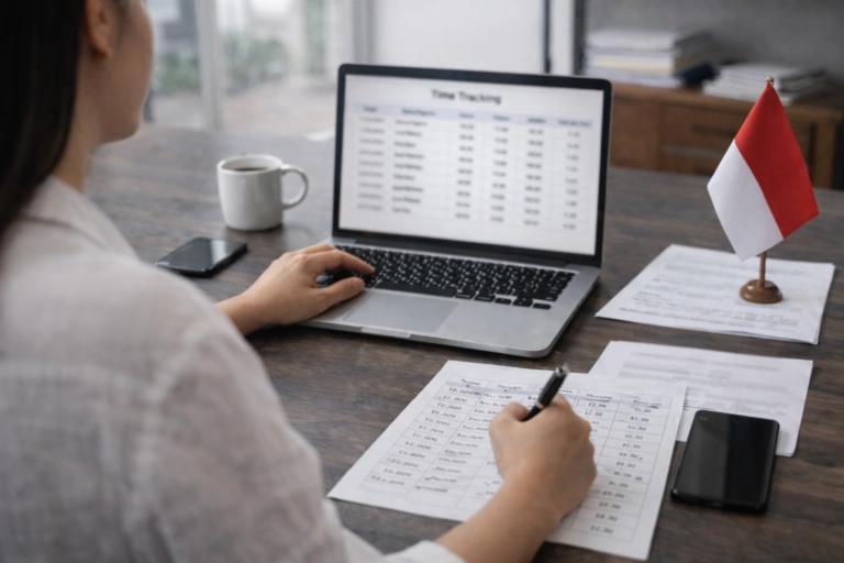 Woman reviewing employee work hours on a laptop with printed attendance sheets and an Indonesian flag on a desk in a modern office.
