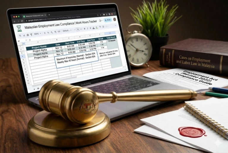 Laptop showing a work hours tracker spreadsheet with Malaysian employment law notes, next to a judge’s gavel, legal documents, and desk items representing working hours compliance in Malaysia.