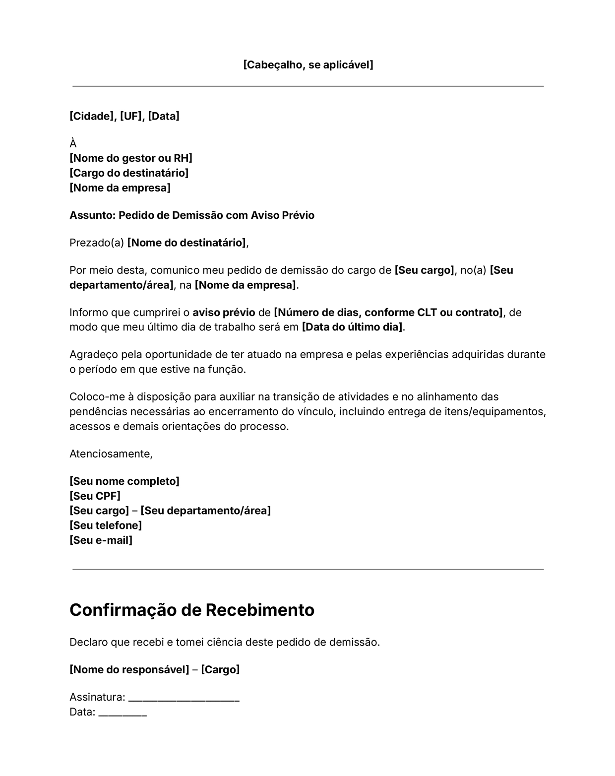 carta de pedido de demissão com aviso
