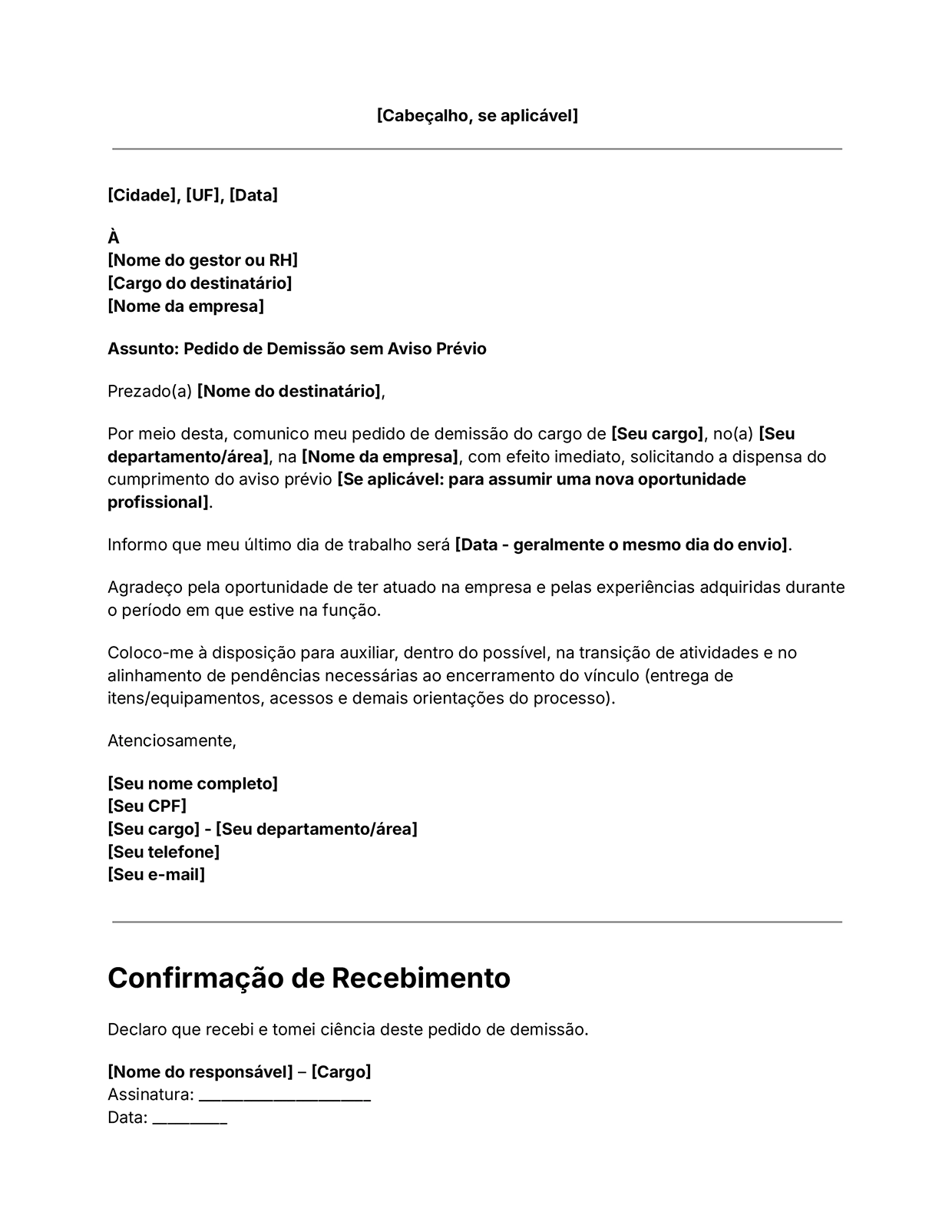 Modelo de carta de demissão sem aviso