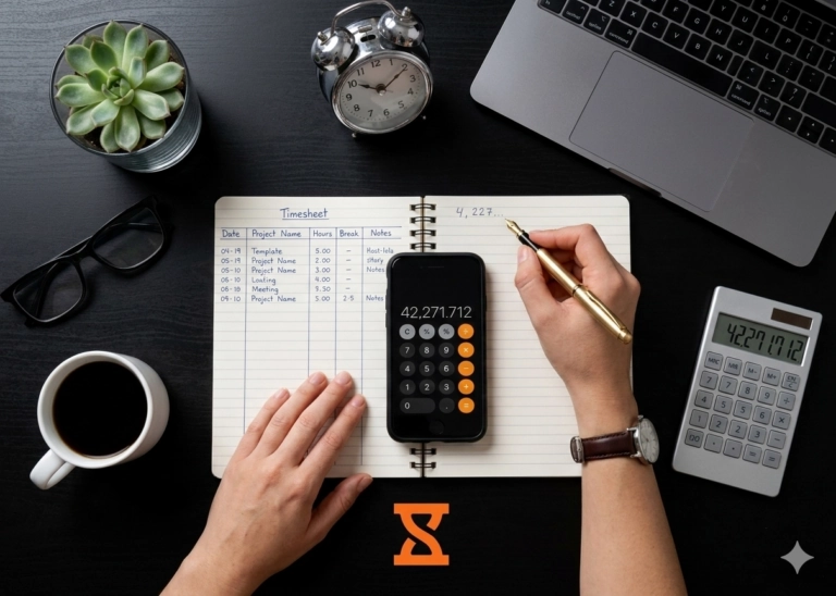 Person calculating work hours on a smartphone calculator while filling a timesheet notebook, with a laptop, desk calculator, and office items used for tracking work time.