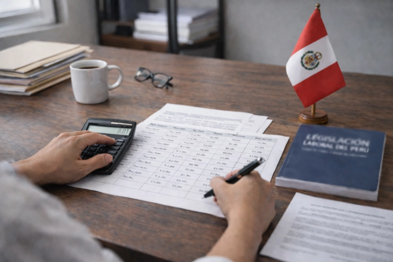 Hands reviewing employee attendance sheet with calculator and paperwork on a desk with a Peruvian flag in an office setting.