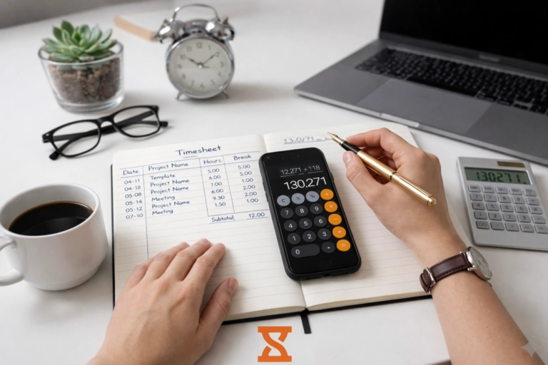 Person calculating work hours in a notebook timesheet on a white desk using a smartphone calculator.
