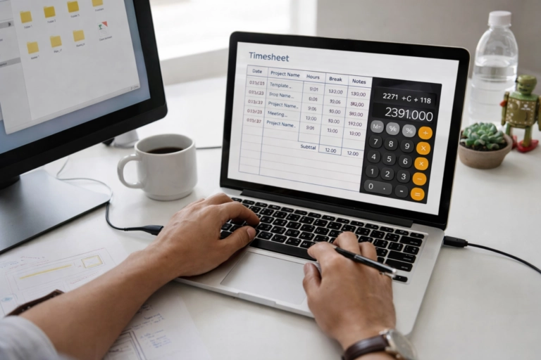 Worker reviewing and calculating timesheet hours on a laptop with notes and coffee nearby.
