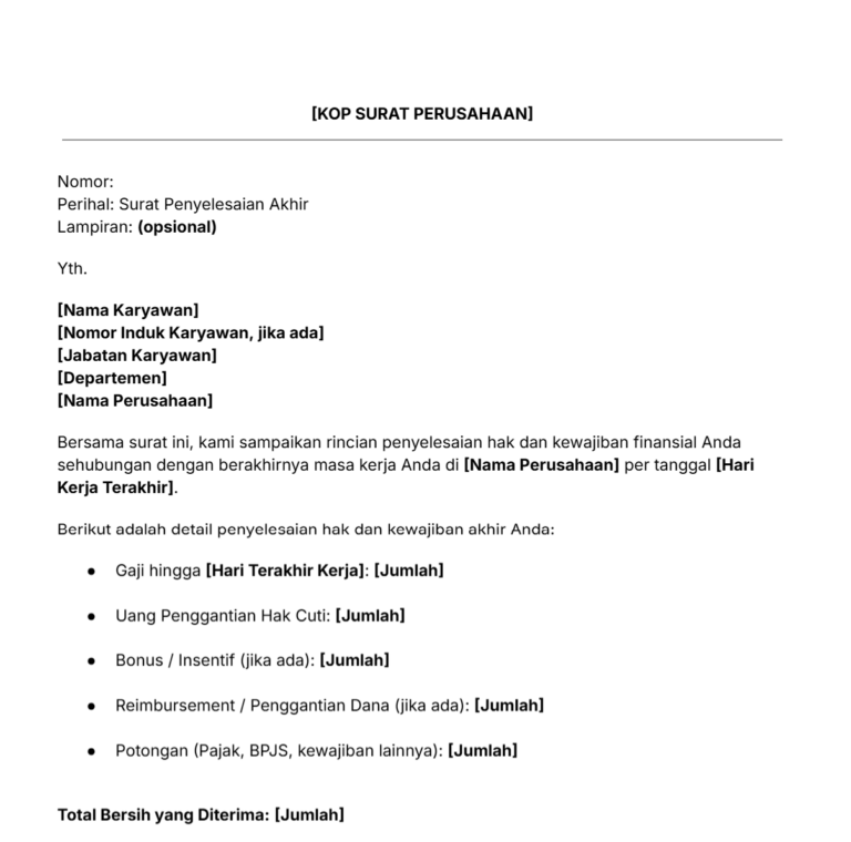 contoh surat penyelesaian hak karyawan, full & final settlement