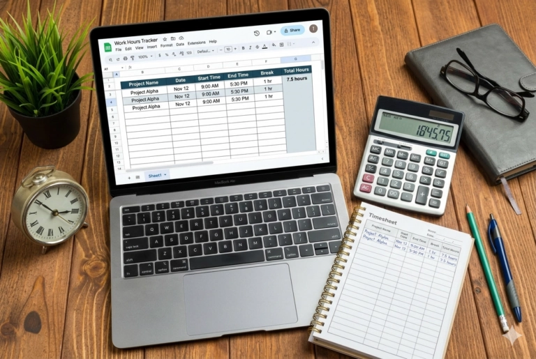 Laptop displaying a work hours tracker spreadsheet next to a calculator, notebook timesheet, and office desk items.