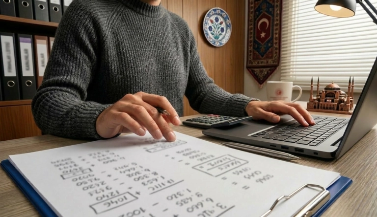 Close-up of a person in a Turkish office using a laptop and reviewing blurred handwritten calculations. The desk features a calculator and a miniature Hagia Sophia.