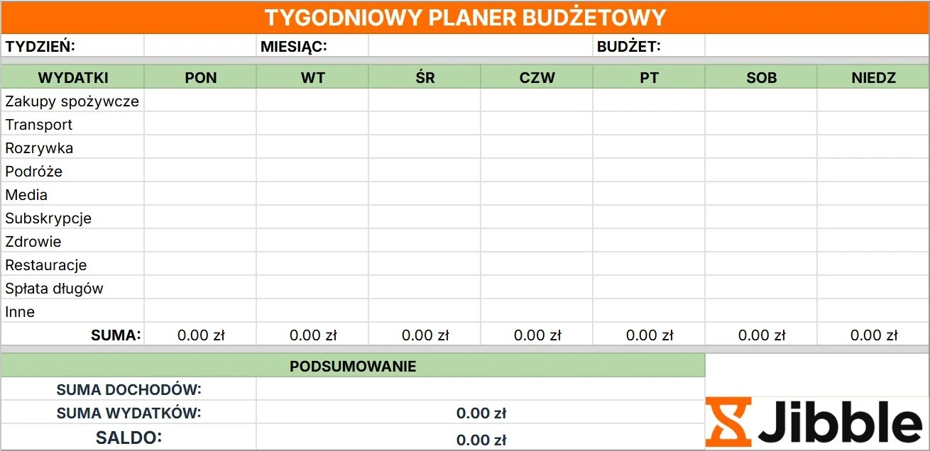 Szablon planera tygodniowego budżetu do pobrania od Jibble.
