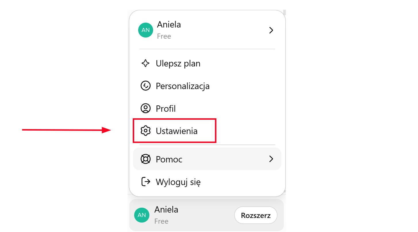 Ustawienia w pasku menu.