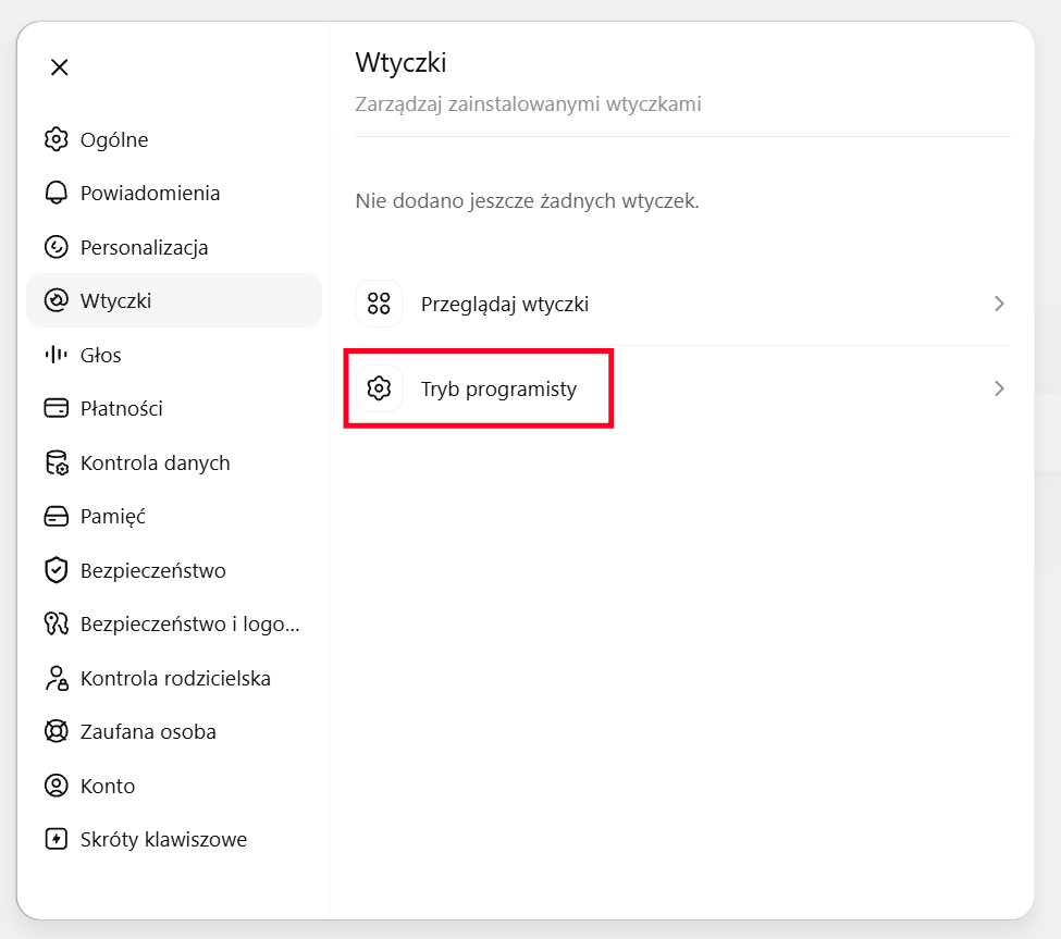 Włączanie trybu programisty w ChatGPT.