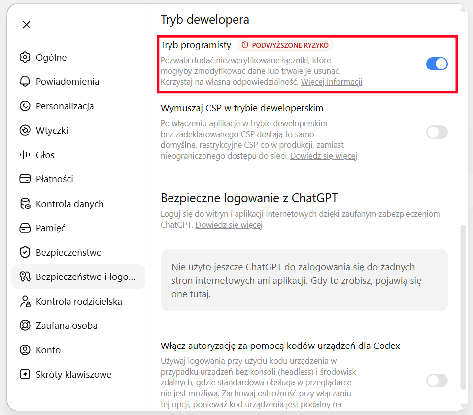 Włączanie trybu programisty w ChatGPT.