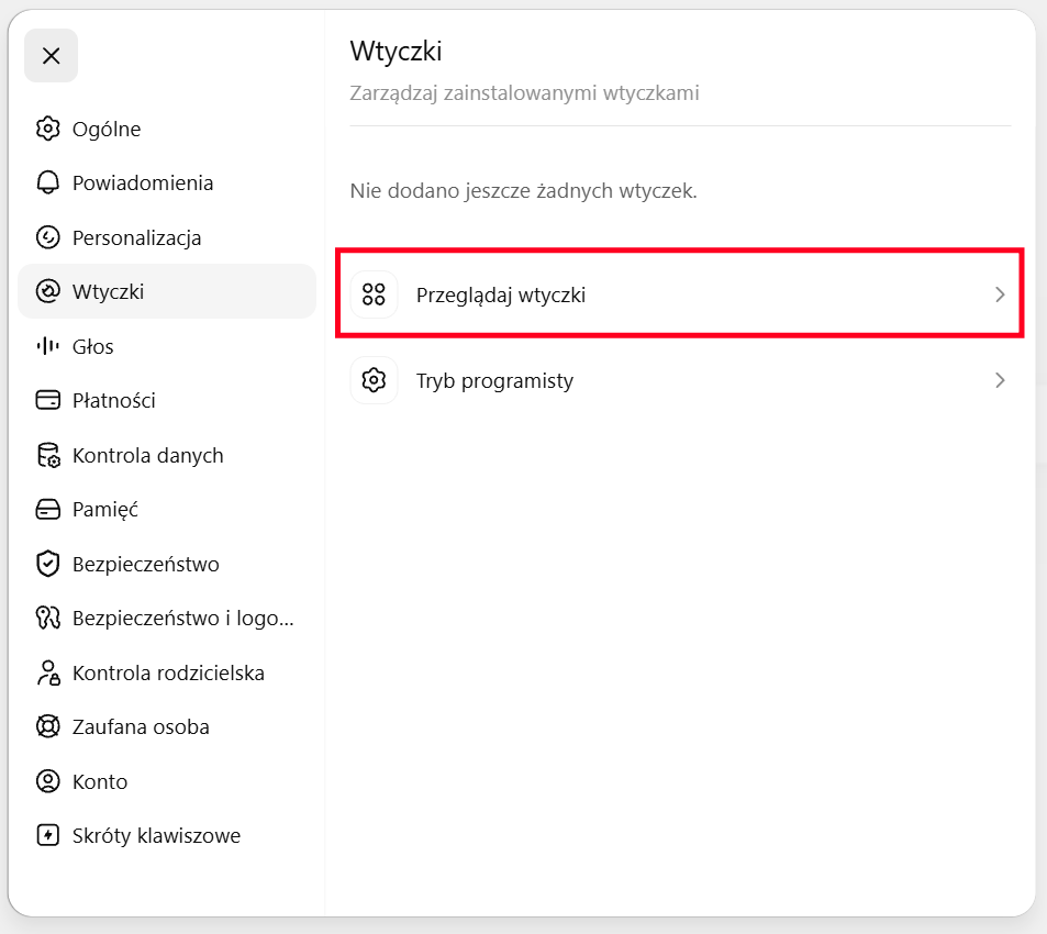 Przeglądanie wtyczek w ChatGPT.