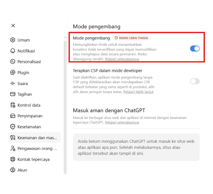 mengaktifkan mode pengembang di chatgpt untuk mcp jibble