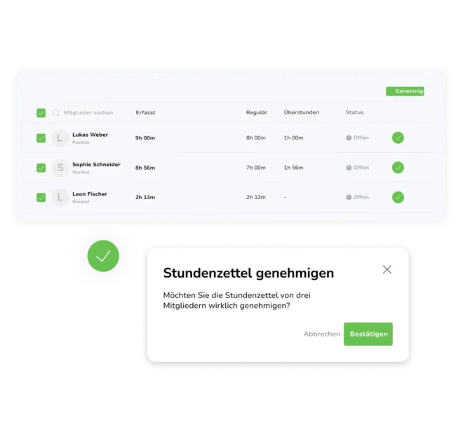 Ein-Klick-Genehmigung von Zeiterfassungsbögen für die Arbeitsstunden eines Teams.