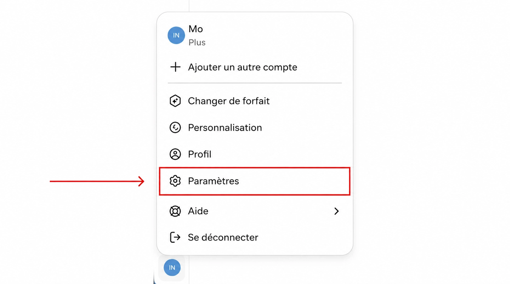 Paramètres sous la barre de menu