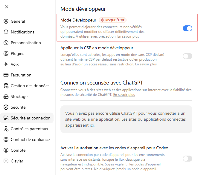 Activation du mode développeur dans ChatGPT pour Jibble MCP