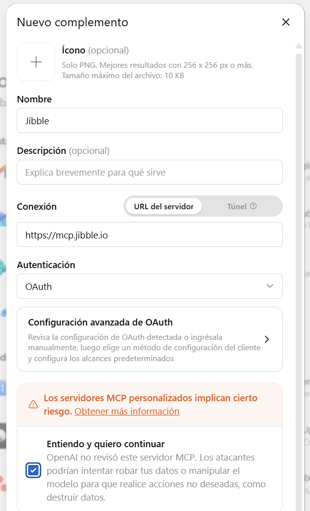 Agregar un nuevo complemento en ChatGPT para Jibble MCP