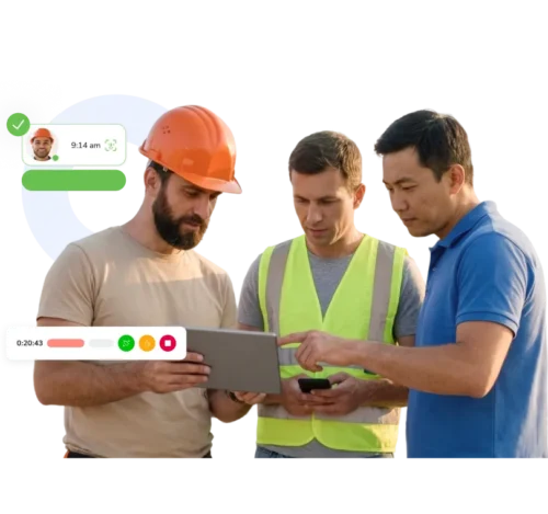 Fältserviceteam använder Jibble tidrapporteringsapp på surfplatta på en arbetsplats