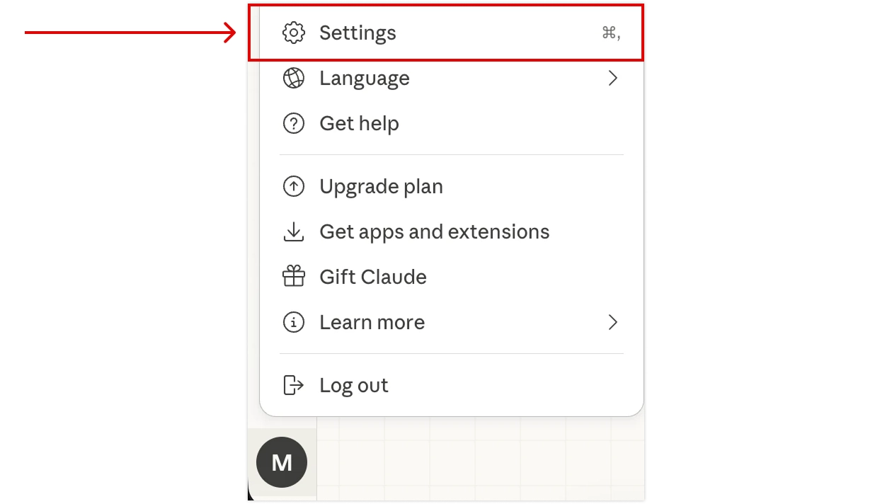 Settings in menu bar 