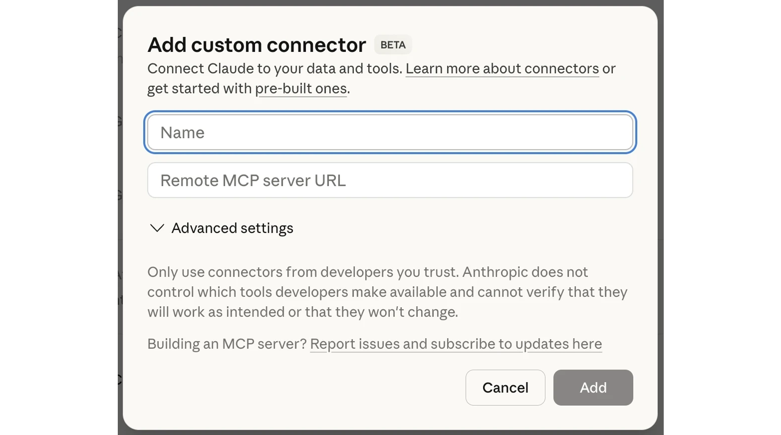 Add button under Add custom connectors