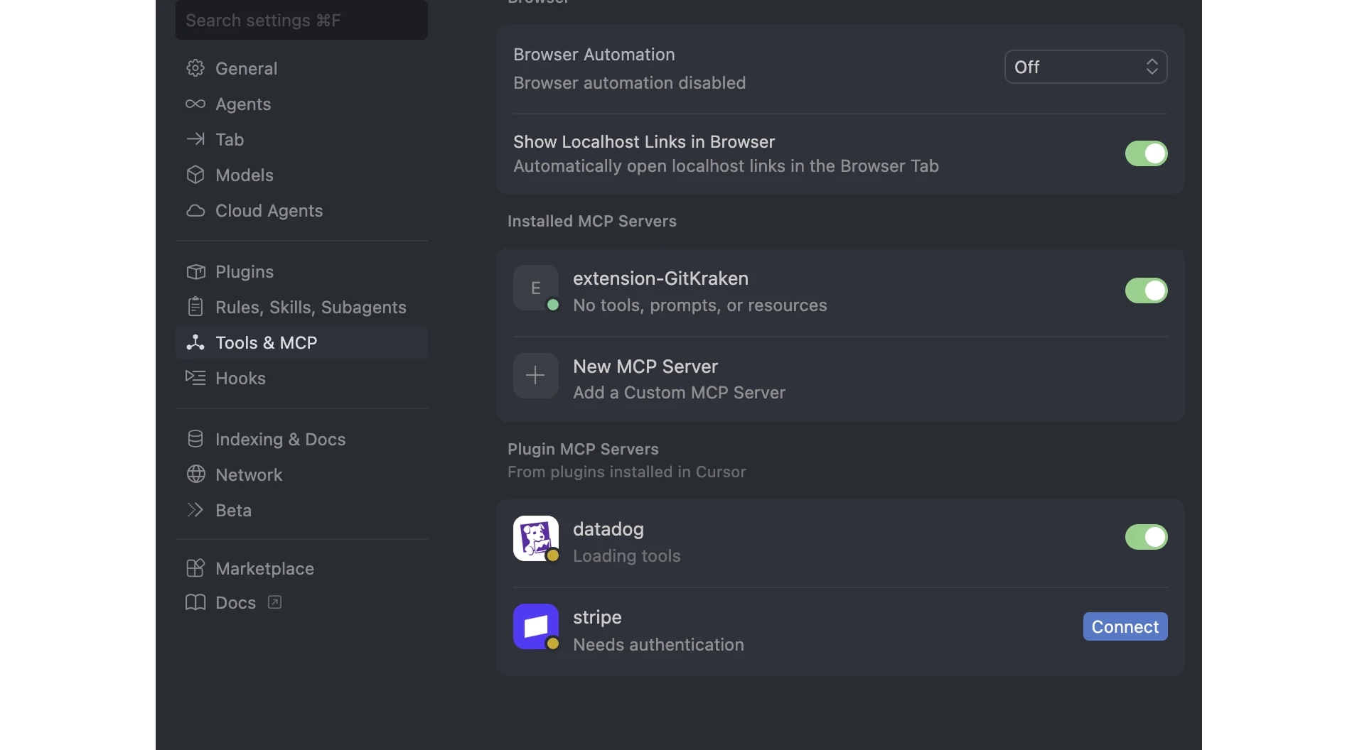 New MCP Server button under Tools & MCP