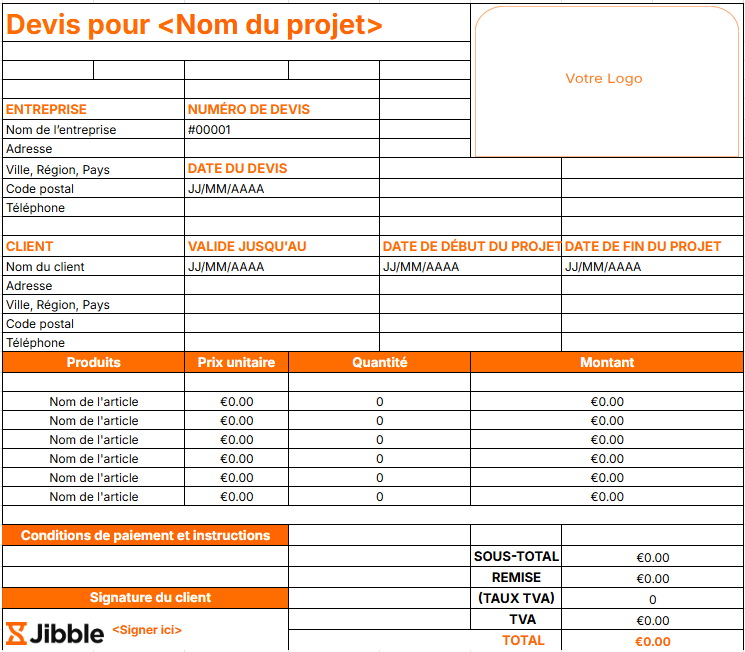 Modèle gratuit de devis pour produits et services
