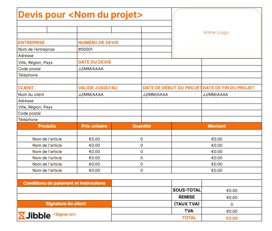 Modèle gratuit de devis pour produits et services