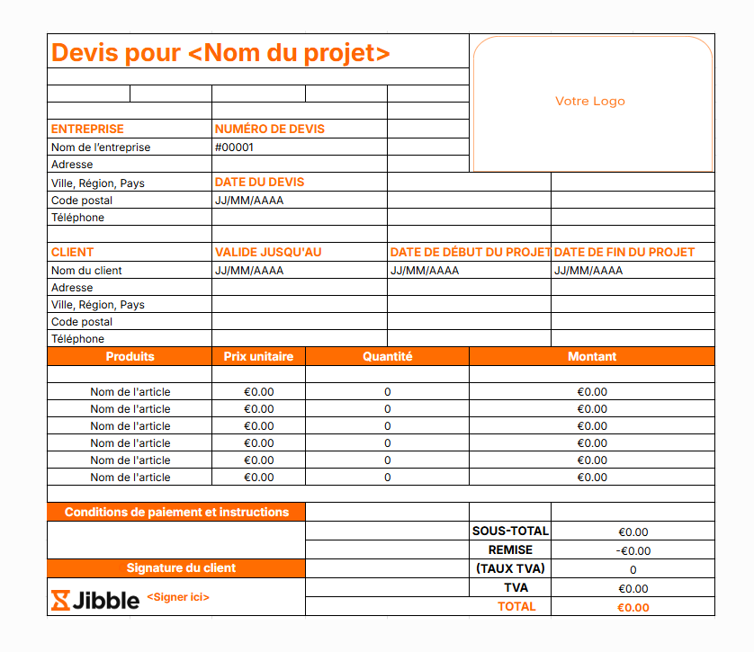 Modèle gratuit de devis pour produits et services