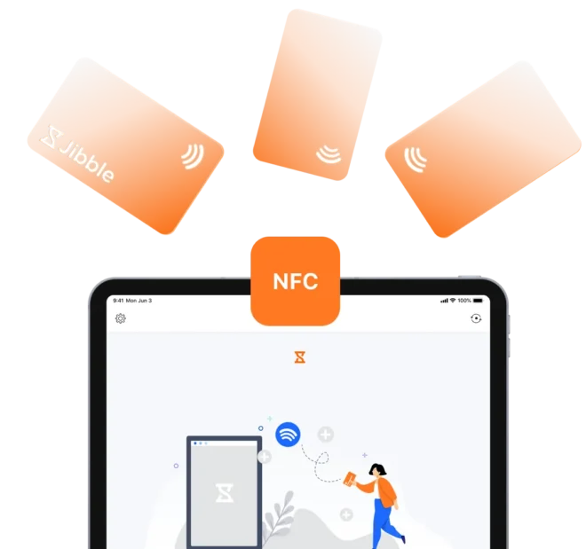 Mitarbeiter stempelt sich durch Antippen einer NFC-Karte an einem gemeinsam genutzten Kiosk-Zeiterfassungsgerät von Jibble ein.