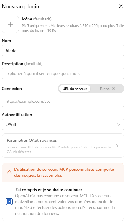 Ajouter un nouveau plugin dans ChatGPT pour Jibble MCP