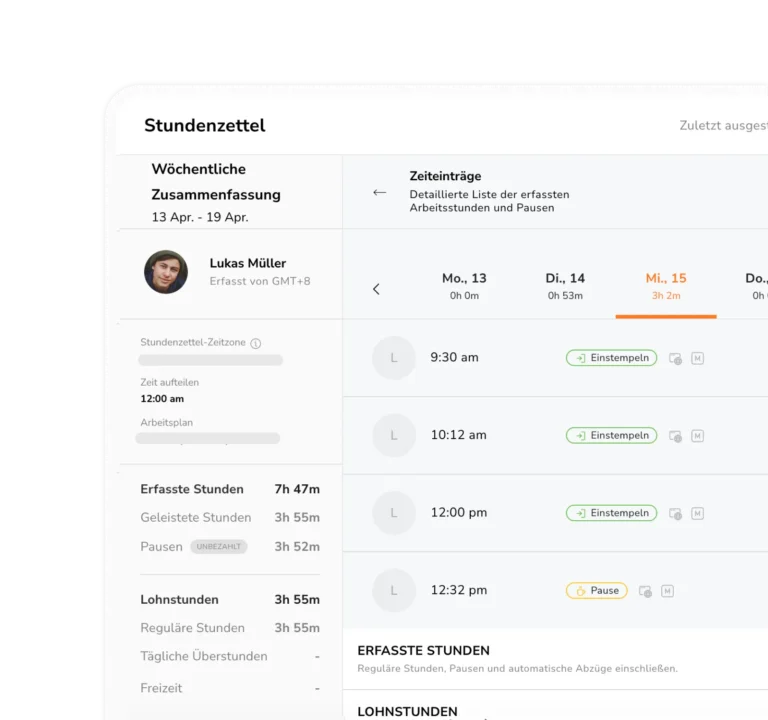 Stundenzettel-App mit Zeiteinträgen der Mitarbeiter