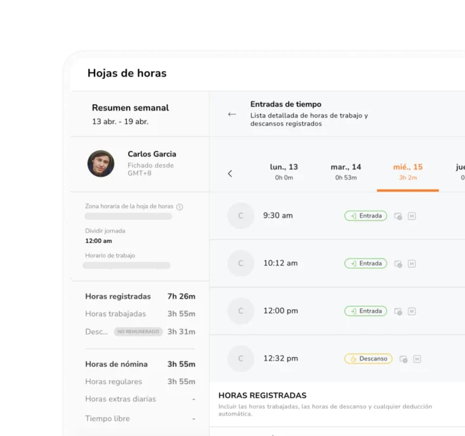 Hoja de asistencia automatizada de los empleados que muestra las horas diarias, los descansos y las horas extras