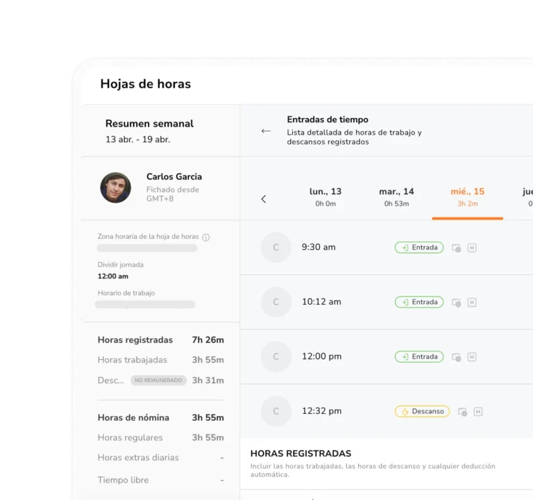 Aplicación de hojas de horas con entradas de tiempo de los empleados