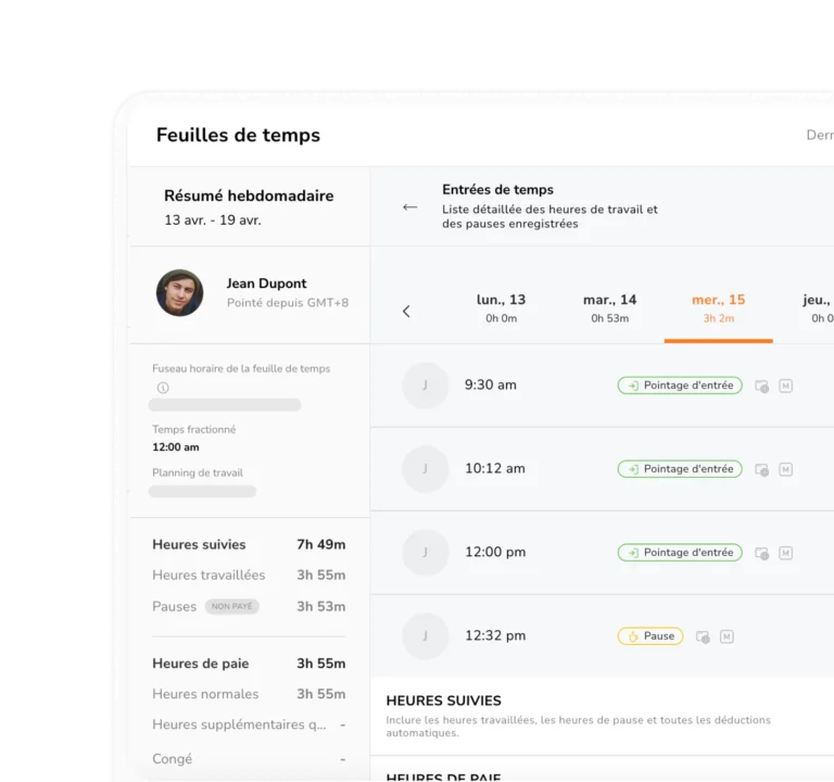 Application de feuilles de temps avec saisies de temps des employés