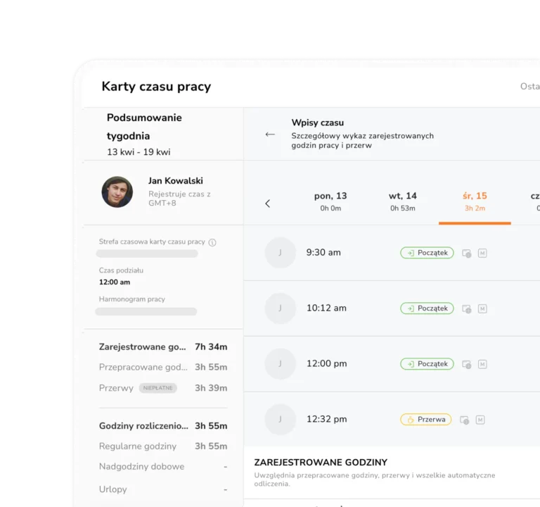 Aplikacja do kart czasu pracy z wpisami czasu pracy pracowników
