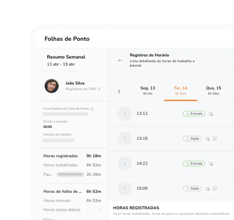 Aplicativo de folhas de ponto com entradas de tempo dos funcionários