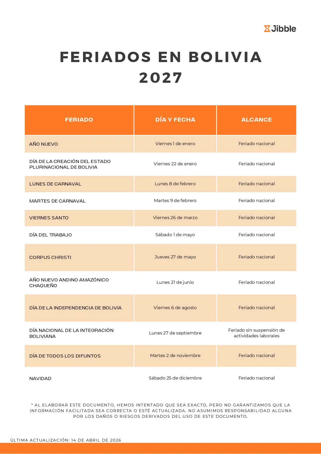 Días festivos o feriados en Bolivia en 2027