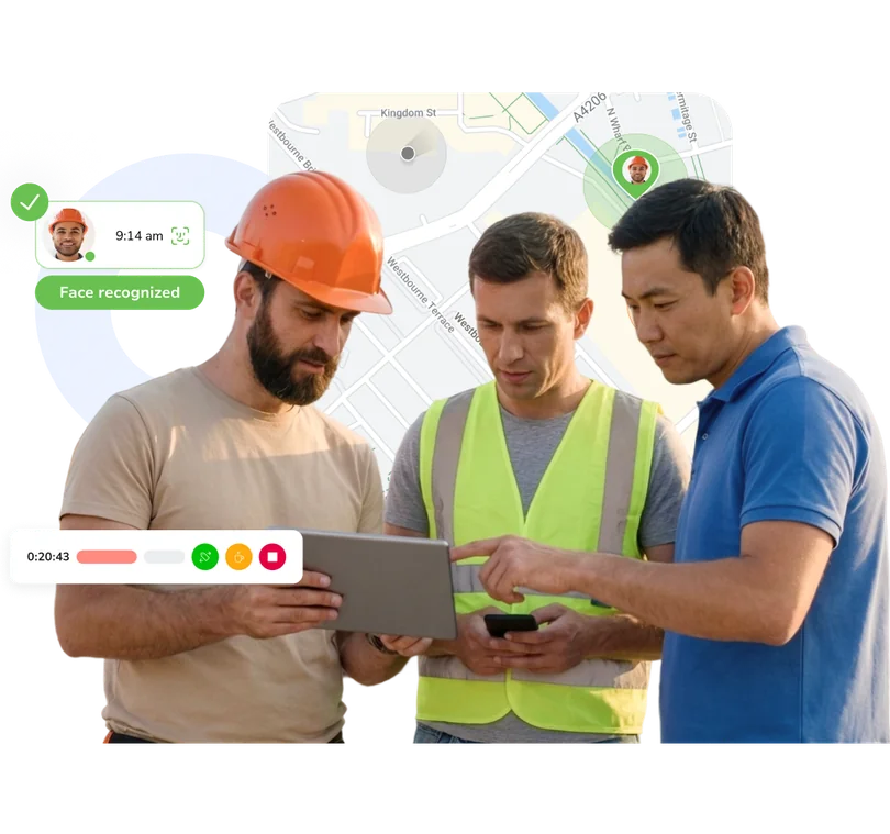 Field service team using Jibble time tracking app on tablet at a job site